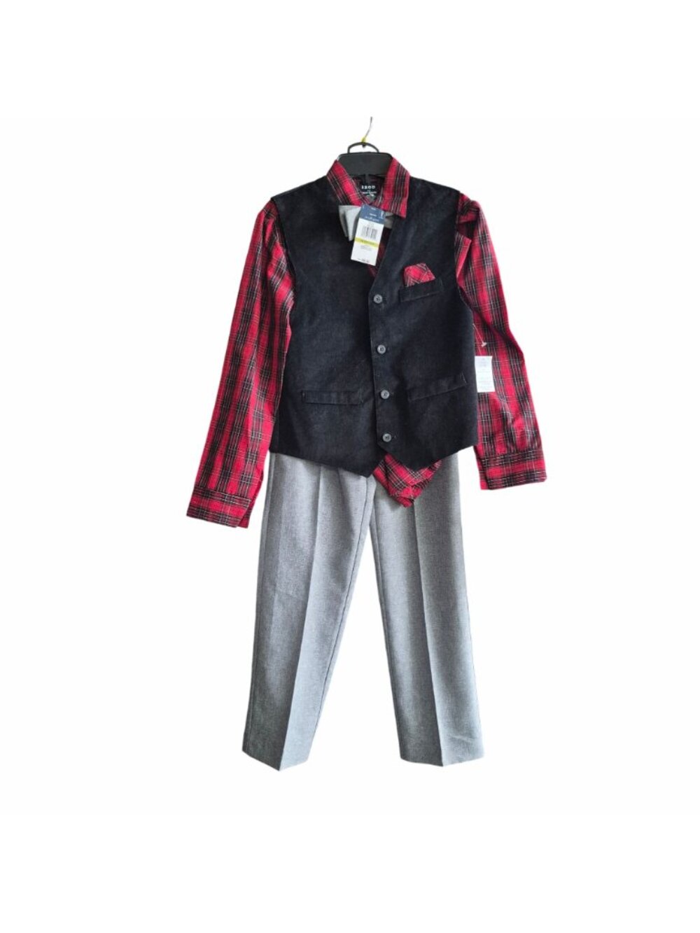 IZOD Boys Sz 14 Suit Set 4Piece Red Plaid Shirt Black Vest Grey Pants Formal New - Picture 2 of 6